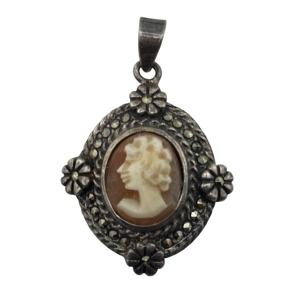 Sterling Silver Cameo Pendant Marcasite Floral Design Signed CI